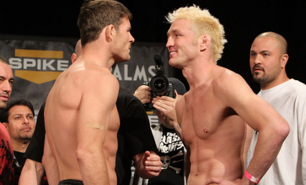 Jason "Mayhem" Miller encara Michael Bisping na luta que custou seu emprego no UFC. Foto: Josh Hedges/Zuffa LLC