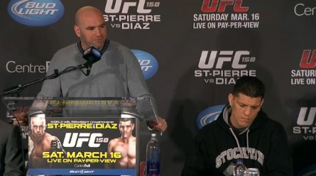Dana White (esq.) defende Diaz (dir.) na coletiva de imprensa do UFC 158. Foto: Reprodução/Youtube