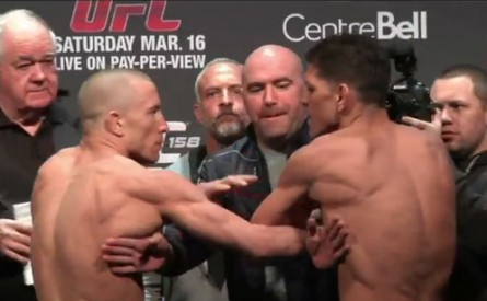 St. Pierre (esq.) e Diaz (dir.) fazem luta principal do UFC 158. Foto: Reprodução/Youtube