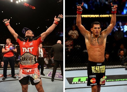 J. Aldo (esq.) e A. Pettis (dir.) disputam o título dos penas em agosto. Foto: Produção MMA Press (UFC/Divulgação)