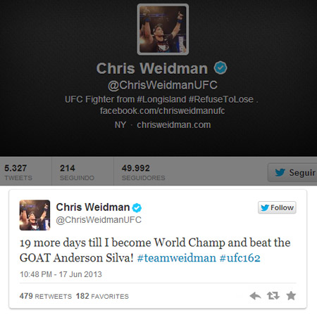 Weidman abre contagem regressiva para se tornar campeão do UFC: ‘Faltam 19 dias’ Chris Weidman está escalado para o maior desafio de sua carreira: desafiar o campeão Anderson Silva pelo cinturão dos pesos médios no UFC. Apesar do combate diante do brasileiro, maior...