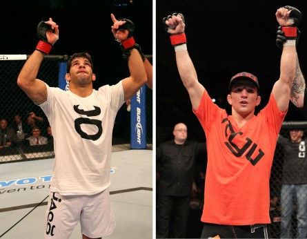 R.Assunção (esq.) e T.J. Dillashaw (dir.) fazem duelo na categoria peso galo. Foto: Produção MMA Press (Josh Hedges/UFC)