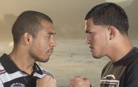 Aldo e Pettis em foto promocional do duelo que aconteceria no UFC Rio 4. Foto: Divulgação/ UFC Brasil
