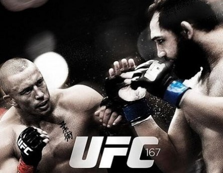 Luta principal entre St. Pierre (esq.) e J.Hendricks (dir.) é o destaque do pôster do UFC 167. Foto: Divulgação