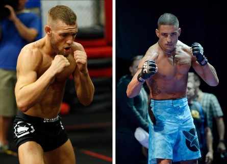 Mesmo atuando em categorias diferentes, C. McGregor (esq.) e D. Sanchez (dir.) tem se desafiado. Foto: Produção MMA Press (UFC/Divulgação)