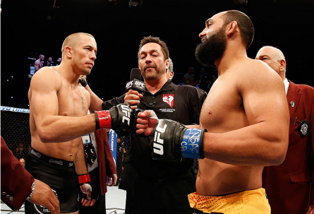 Yamasaki (ao centro) com Hendricks (dir.) e GSP (esq.) no UFC 167. Foto: Josh Hedges/UFC