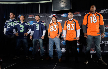 Mir, Aldo, Barão, Faber, Lamas e Overeem com os uniformes de Seahawks e Broncos. Foto: Josh Hedges/UFC