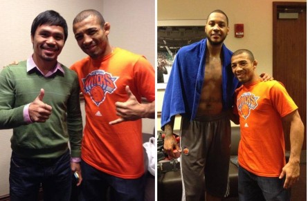 Aldo com Pacquiao (esq.) e Carmelo Anthony (dir.) após jogo dos Knicks. Foto: Reprodução/Facebook