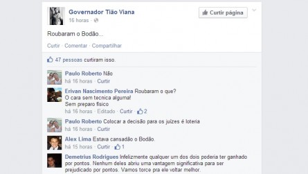 Tião Viana usou o Facebook para questionar a decisão dos juízes no UFC. Foto: Reprodução/Facebook
