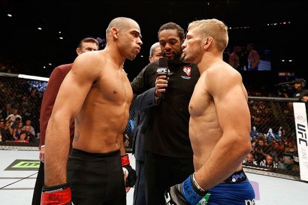 R. Barão (esq.) reencontra Dillashaw (dir.) no octógono em agosto. Foto: Josh Hedges/UFC