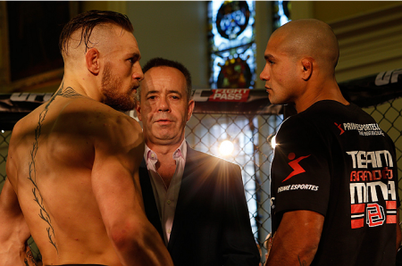 McGregor (esq.) e Brandão (dir.) fazem a luta principal do UFC Fight Night 46. Foto: Josh Hedges/UFC