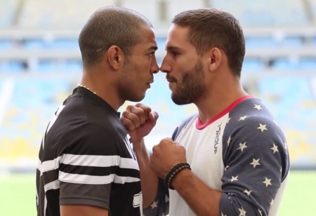 Aldo e Mendes em encara tensa durante evento promocional do UFC 179. Foto: Reprodução/YouTube