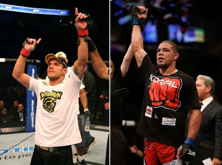 R. dos Anjos (esq.) e T. Leites (dir.) faturaram dois dos bônus do UFC FN  49. Foto: Produção Super Lutas (UFC/Divulgação)