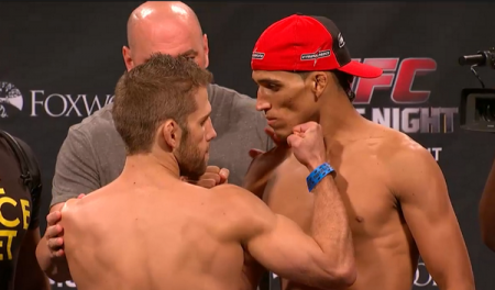 Lentz (esq.) e Do Bronx (dir.) durante a pesagem do UFC FN 50. Foto: Reprodução/YouTube