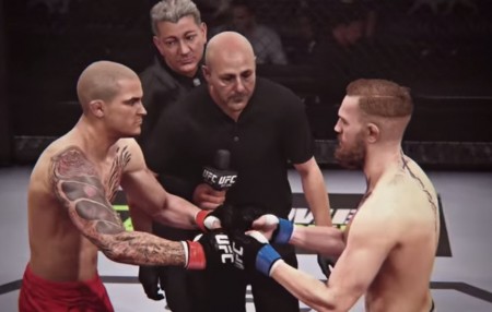 Modelos digitais de Poirier (esq.) e McGregor (dir.) se encaram no EA Sports UFC. Foto: Reprodução