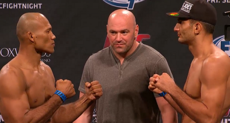 Jacaré (esq.) e Mousasi (dir.) bateram o peso para o UFC FN 50. Foto: Reprodução/YouTube