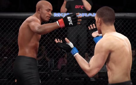 Simulação de A. Silva (esq.) x N. Diaz (dir.) no game EASports UFC. Foto: Reprodução/YouTube