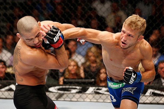 Barão (esq.) é golpeado por Dillashaw (dir.) no UFC 173. Foto: Josh Hedges/UFC