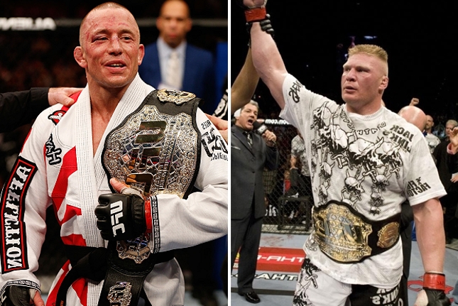 GSP (esq.) e Lesnar (dir.) foram duas das maiores estrelas do UFC na história. Foto: Produção SUPER LUTAS (Josh Hedges/UFC)