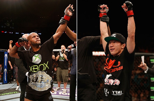 Johnson (esq.) e Horiguchi (dir.) fazem a nova luta co-principal do UFC 186. Foto: Produção SUPER LUTAS (Josh Hedges/UFC)