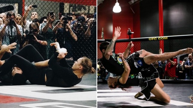 Ronda (esq.) e Cyborg (dir.) se apresentaram no UFC Gym nesta quarta. Foto: Produção SUPER LUTAS  (Twitter/Reprodução)