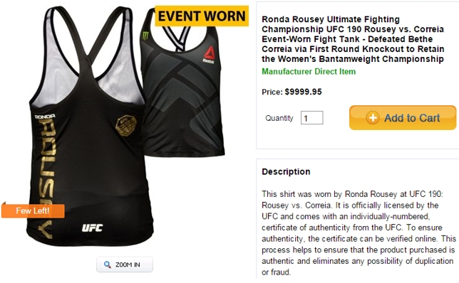 Roupa usada por Ronda é o mais caro dos 83 itens usados por atletas. Foto: Reprodução/UFC Store