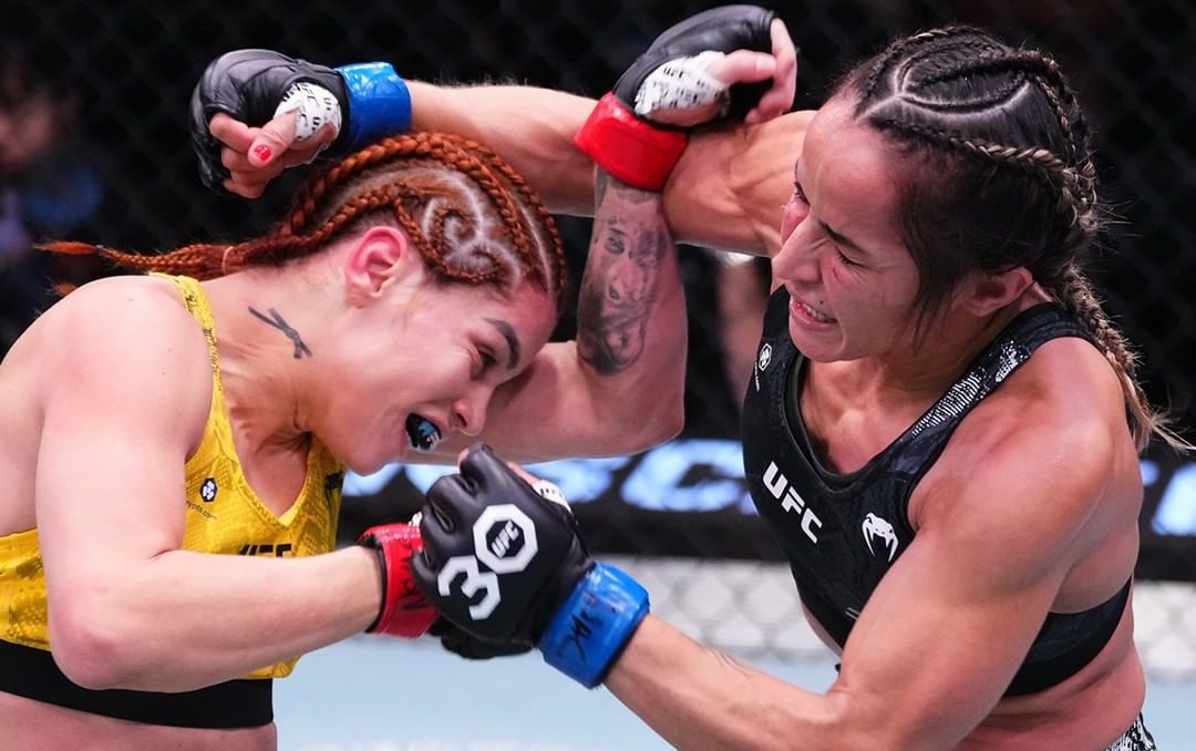 Talita Alencar (dir.) venceu Rayanne dos Santos (esq.) no UFC Vegas 83. Foto: Reprodução/UFCEspanol